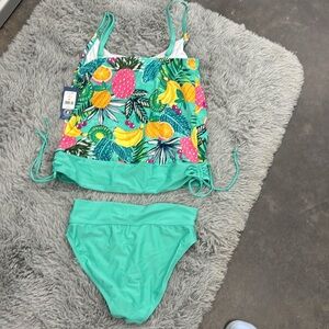 NWT Caribbean Joe Aqua Tropical Fruit Print Tankini with Solid Aqua Bottoms